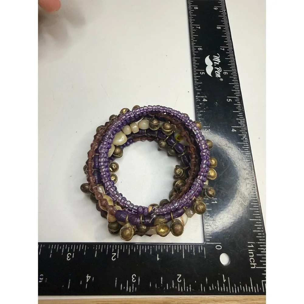 Boho Multi Strand Stretch Bracelet Purple Beads Brass Bells Stackable Set